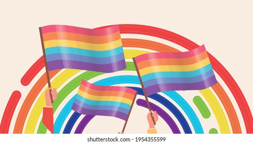 Composition of people waving rainbow flags over rainbow on pink background. lgbtq, equality and human rights concept digitally generated image.