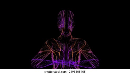 Zusammensetzung eines frontal stehenden Personenbildes mit wellenförmigen Linien entlang der Kontur von Neonfarbe auf schwarzem Hintergrund. Vektorgrafik.