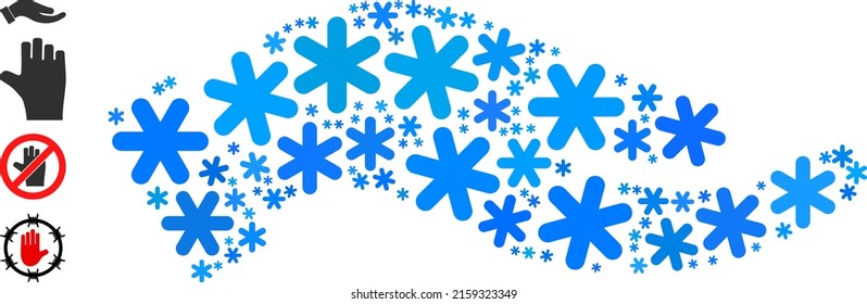 El icono de la palma de la petición de la composición se combina para invierno, Año Nuevo, Navidad. El mosaico del icono de la palma de la petición está organizado con copos de nieve azul claro. Se añaden algunos iconos adicionales.