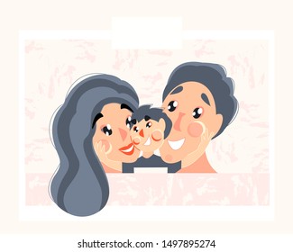 Composition in the photo of happy face a little boy and his parents. He`s between mother and father, holding them around chins. Vector flat illustration of theme about family and children. 