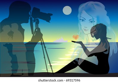 composition with photographer and photo model near sea