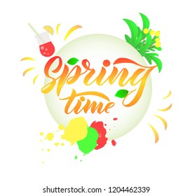 Composition with Phrase Spring Time with green leaves. Vector season quote. Hand lettering, typographic element for your design. Print for T-shirts, bags, posters, invitations, cards, pillows.