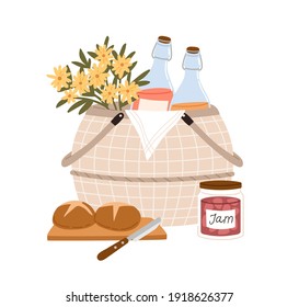 Composition of picnic basket with flowers and snacks for outdoor romantic dinner bottles of fruit lemonade, bread and jar of jam. Colorful flat vector illustration isolated on white background