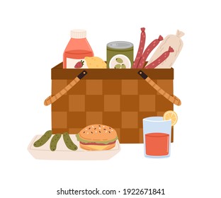 Composition Of Picnic Basket With Junk Food And Drink Sausages, Burger, Pickles, Bottle Of Juice Or Lemonade. Hamper With Unhealthy Snacks Isolated On White Background. Flat Vector Illustration