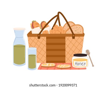 Composition of picnic basket with sandwiches and fruits, glass bottle of juice, sliced bread and jar of honey. Colorful flat vector illustration isolated on white background