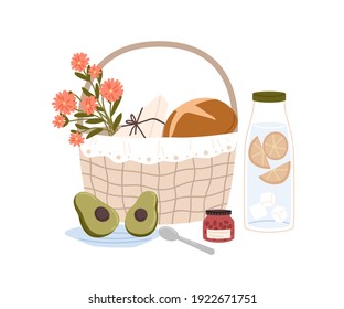 Composition of picnic basket with wild flowers and snacks for outdoor romantic breakfast or lunch bottle of lemonade, avocado, bread and jar of jam. Color flat vector illustration isolated on white