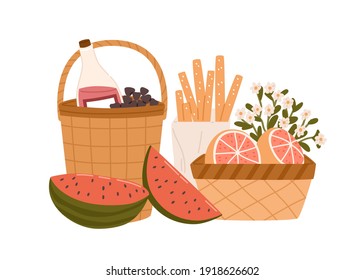 Composition of picnic baskets with delicious meals and snacks for outdoor romantic dinner bottle of wine, breadsticks and fruits. Colorful flat vector illustration isolated on white background