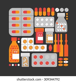 Composition with pills and medicine silhouettes in a shape of square.