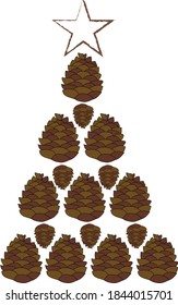 Zusammensetzung aus Kiefernzapfen und Holzstern in Form von Weihnachtsbaum