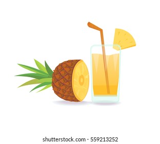 Composition of Pineapple on white background flat illustration tropical fruit.