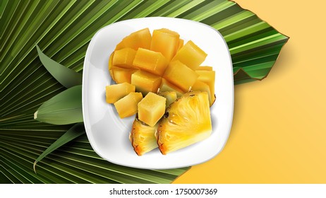 Composition of pineapple slices and diced mango on a white plate and leaves.