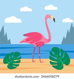 Composition of pink flamingo near the beach between tropical green leaves.