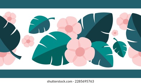 Composition of pink flowers and exotic green leaves on a white background. Seamless border. Floral vector illustration for decoration packaging, fabric, paper.