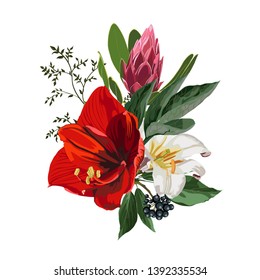 Composition with pink protea flowers branch, white red Amaryllis (Hipperastrum) lilies and many kind of exotic plants and berries. Hand draw watercolor style illustration. 