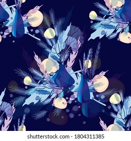 composition of plants in blue tones on dark deep blue background seamless pattern