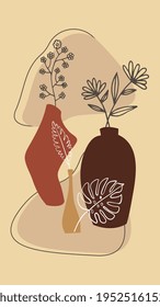 Composition with plants and flowers leaves and abstract vases. Trendy collage for design in an ecological boho style, beige and brown earth colors. Abstract Plant Art design for print, cover, wallpape