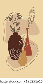 Composition with plants and flowers leaves and abstract vases. Trendy collage for design in an ecological boho style, beige and brown earth colors. Abstract Plant Art design for print, cover, wallpape