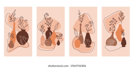 Composition with plants and flowers leaves and abstract vases.