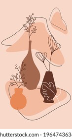 Composition with plants and flowers leaves and abstract vases.