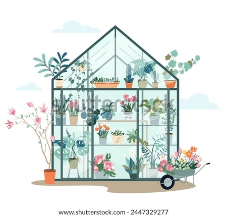 Composition with plants growing in pots or planters inside glass greenhouse. Vector flat illustration with cute orangery or botanical garden. Colored concept of home gardening Vector flat illustration