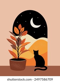 Composition of plants in the interior in vase and black cat. Landscape with desert at night. Vector illustration