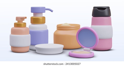 Composition with plastic bottles with dispenser, jar with cream, big bottle with shampoo for hair. Open case with cosmetic powder. Vector illustration in 3d style with white background