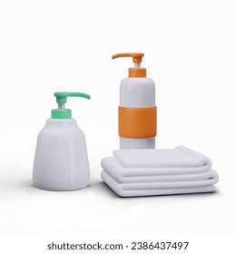 Composition with plastic dispenser for different cosmetic products and stack of towels. Collection for body care and cleaning. Vector illustration in 3d realistic style