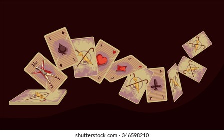 Composition with playing cards for board games. Cards are in pop art and comics style. Vector joker, aces and kings of all suits. Clubs, Hearts, Spades, Diamonds 