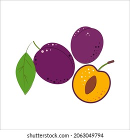 Composition of Plum Berry Whole and Cut One. Ripe juicy Berries with Green Leaves. Plum for jam and dessert. Flat style Vector Illustration.