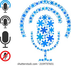 Icono de micrófono de podcast de composición diseñado para invierno, Año Nuevo, Navidad. El mosaico de iconos del micrófono de podcast está diseñado a partir de cristales de hielo azul claro. Se añaden algunos iconos adicionales.