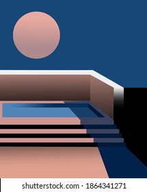 Composición de una piscina en la azotea con luna llena en el cielo. Vector