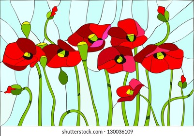 Composition with poppies. Poppies flowers angels / stained glass window