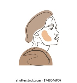 Composition from portrait of female face drawn by one continuous line with colorful abstract contemporary shapes. Cubism face. Minimal line vector woman.  
