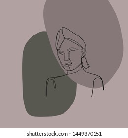 Composition with a portrait of a woman drawn by one black continuous line on an abstract background with color geometric details.