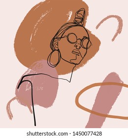 Composition with a portrait of a woman drawn by one black continuous line on an abstract background with color geometric details.