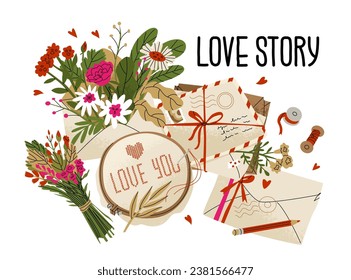 Composition of postal envelopes, letters and flowers for Valentine's Day. Love correspondence with a loved one. Vector illustration isolated on white background. All elements are movable and can be mo