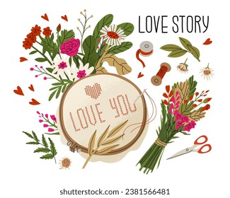 Composition of postal envelopes, letters and flowers for Valentine's Day. Love correspondence with a loved one. Vector illustration isolated on white background. All elements are movable and can be mo