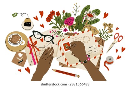 Composition of postal envelopes, letters and flowers for Valentine's Day. Love correspondence with a loved one. Vector illustration isolated on white background. All elements are movable and can be mo