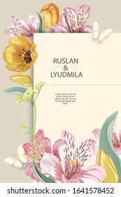 Composition, postcard of flowers of tulips, Alstroemeria, lilies. Spring greeting card wedding, happy birthday, happy Valentine's Day, March 8, advertising, sales, discounts, labels.