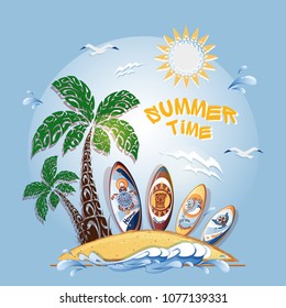 Composition for a postcard or promotional flyer with the inscription "Summer time". On a blue background, an island with a palm tree, surfboards , a stylized wave, seagulls and clouds. Vector.