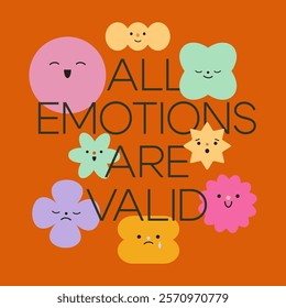 Composition, poster, card with different emotions and feelings. Abstract geometric characters. Cartoon comic shapes with face expressions. Mental health, psychology concept. Flat vector illustration