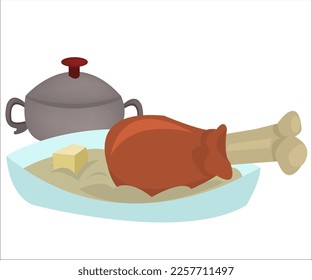 A composition with a pot and a plate with mashed potatoes and a grilled chicken. This illustration can be used as a logotype for restaurants and kitchen courses. Vector, isolated.