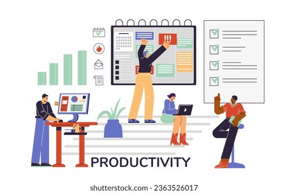 Composition of professional people organize their efficiency and productivity. Set of scenes with effective time management and multitasking at work. Business achievement, success strategy flat poster