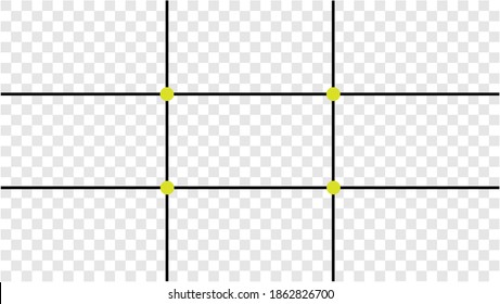 Composition Proportions guidelines set, attention spot of rule of thirds template in 16 by 9 ratio monitor display. Rule of thirds mockup on transparent background