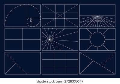 Conjunto de lineamientos de proporciones de composición, punto de atención de la regla de Plantilla de tercios en pantalla de monitor de proporción 16 por 9. Maqueta de la regla de los tercios sobre fondo oscuro.