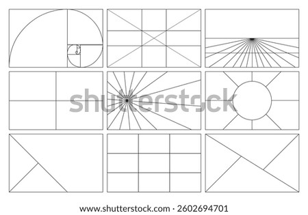 Composition Proportions guidelines set, attention spot of rule of thirds template in 16 by 9 ratio monitor display. Rule of thirds mockup on transparent background.