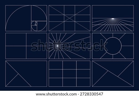 Composition Proportions guidelines set, attention spot of rule of thirds template in 16 by 9 ratio monitor display. Rule of thirds mockup on dark background.