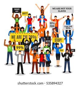 Composition of protesting crowd with colorful people characters faceless rioters holding various placards with editable text vector illustration