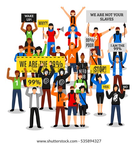 Composition of protesting crowd with colorful people characters faceless rioters holding various placards with editable text vector illustration