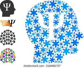 Composition psychology icon is done for winter, New Year, Christmas. Psychology icon mosaic is done of light blue snow items. Some bonus icons are added.